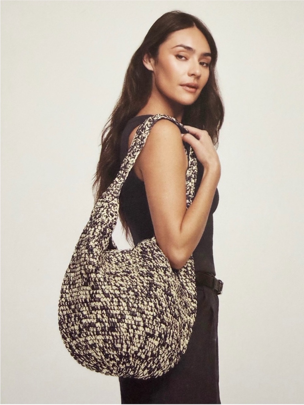 Banana Republic Black & Cream Woven Raffia Hobo Bag